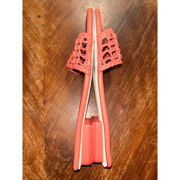 Cult Gaia Maya Woven Leather Sandals 9.5 Coral Open Toe Mule Block Heel Chic Fun - Picture 7 of 10